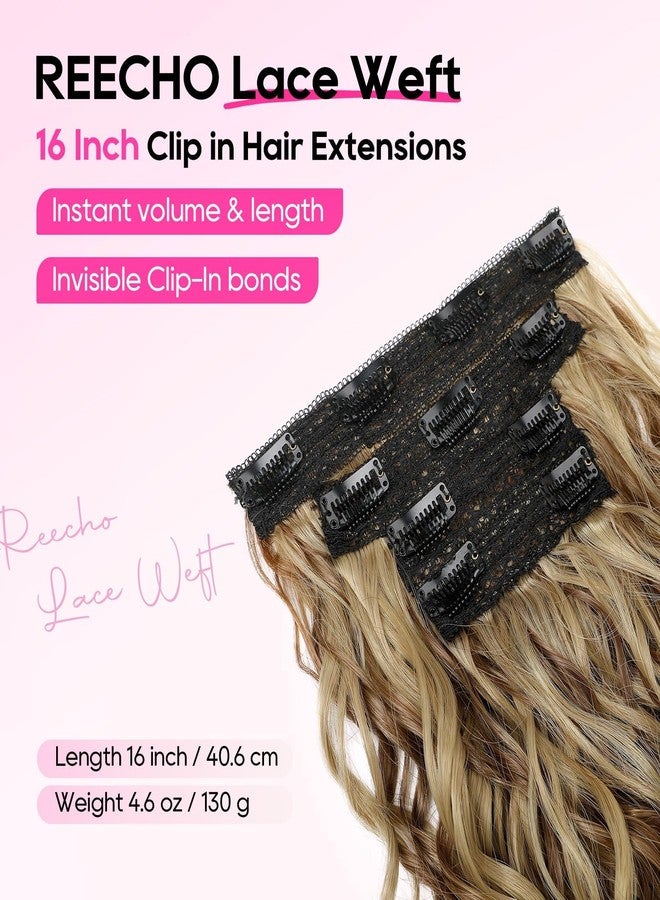 REECHO Curly Hair Extensions, 4PCS 16 inch Clip in Hair Extensions Lace Weft Short Curly Hair Extension Clip Ins Invisible Natural Hairpieces for Women, Light Brown with Blonde Highlights - Image 2